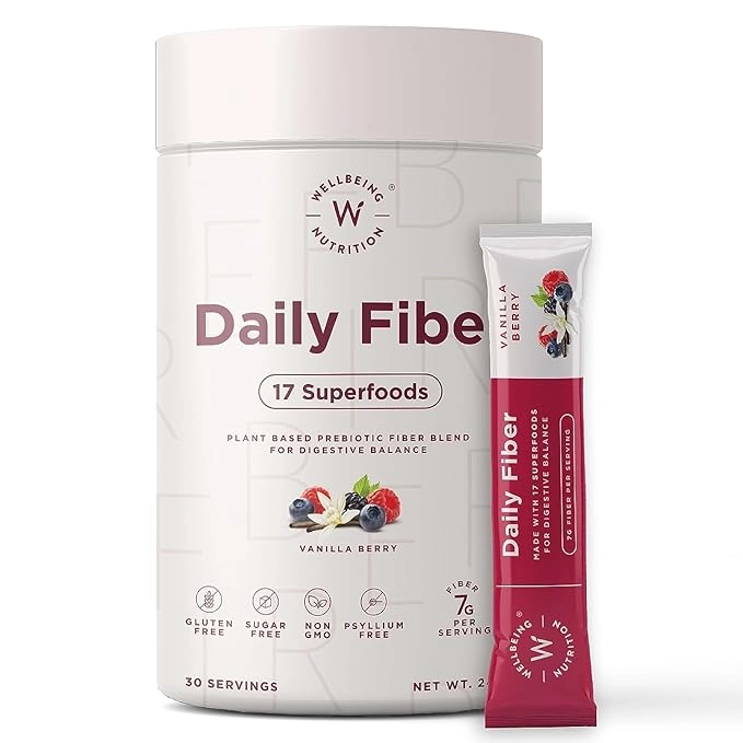 WELLBEING NUTRITION Daily Fiber Powder|Weight Management, Manages Sugar Control, Bloating, Constipation & Acidity Relief|Organic Prebiotic Digestive Fiber Supplement|Vanilla Berry|30 Servings, 1 count