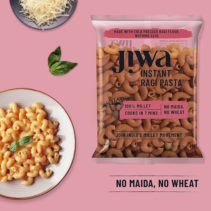 Jiwa Instant Ragi Pasta | Macaroni | Cooks in 7 minutes | Ready to Cook | 100% Millet | No Maida, No Atta | Gluten Free | 200 g