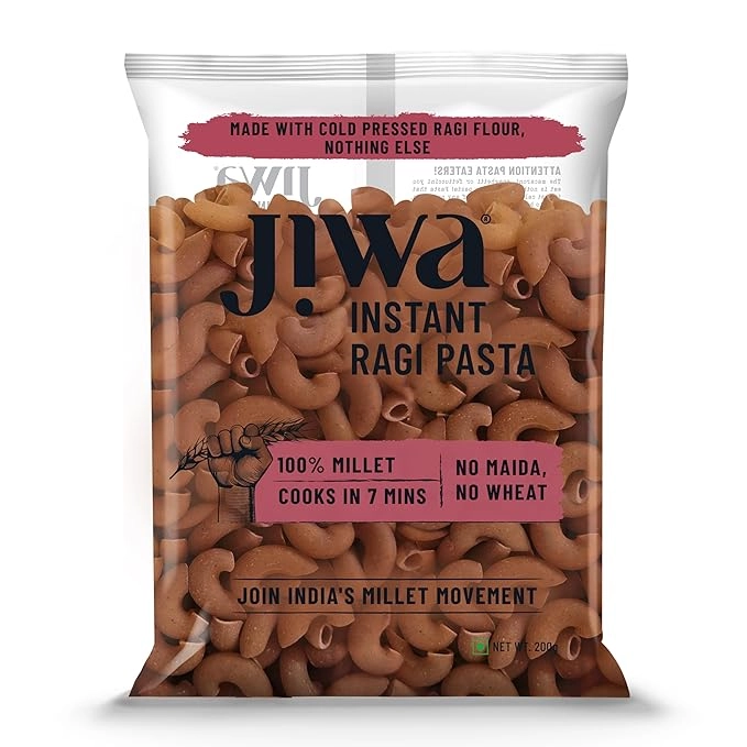 Jiwa Instant Ragi Pasta | Macaroni | Cooks in 7 minutes | Ready to Cook | 100% Millet | No Maida, No Atta | Gluten Free | 200 g